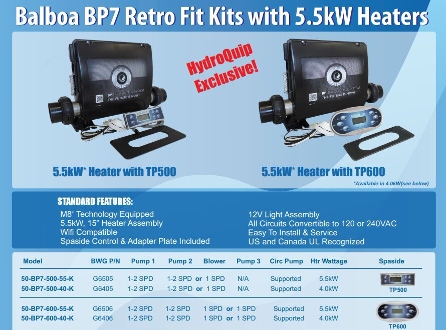 Balboa BP7 spa control system brochure and equipment configuration chart