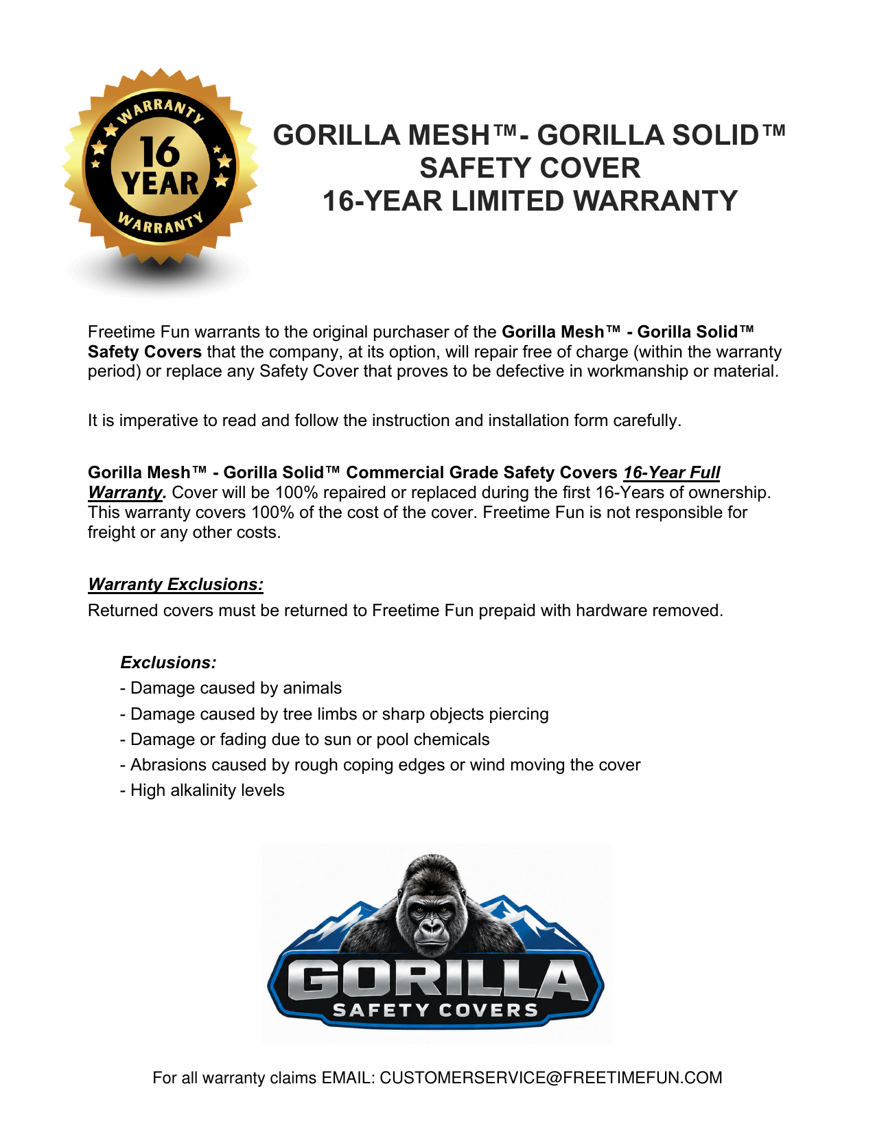 Gorilla Pool Cover Warranty