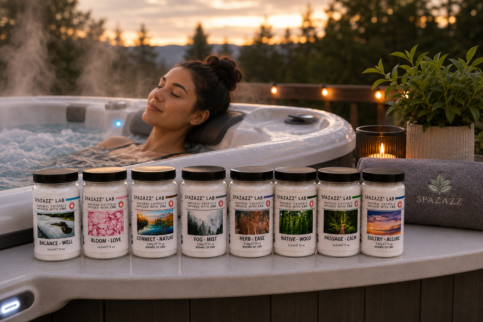 SpaZazz Lab CBD aromatherapy crystals arranged beside a relaxing hot tub